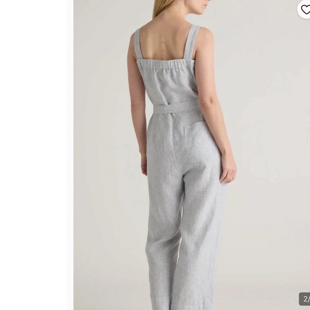 Quince Linen Square Neck Jumpsuit Blue White Stripe Small New With Tags
